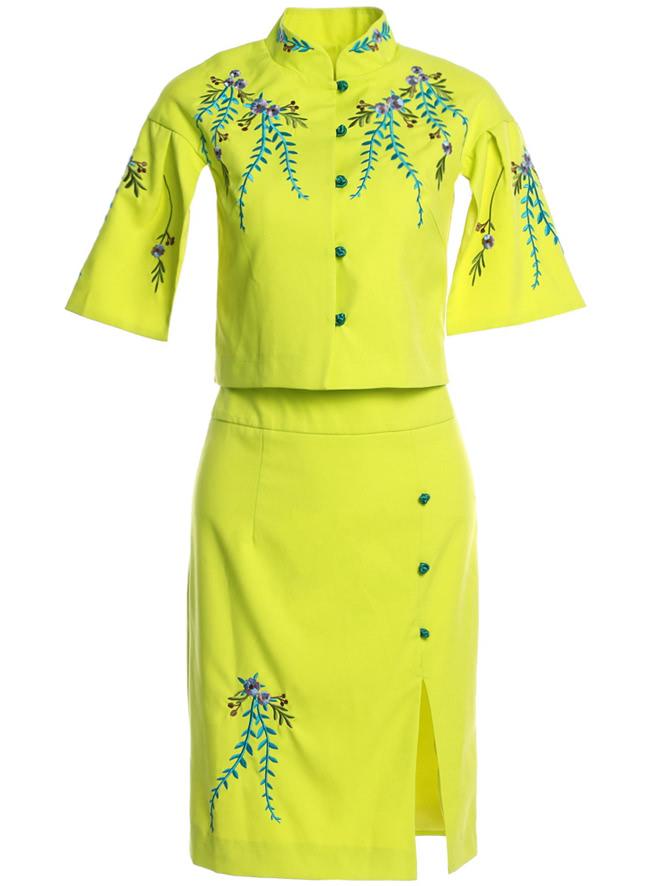 Shein Leaves Embroidered Top With Split Skirt