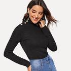 Shein Ribbed Knit Button Detail Mock-neck Tee