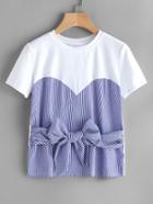 Shein Contrast Striped Bow Tie Front 2 In 1 Tee