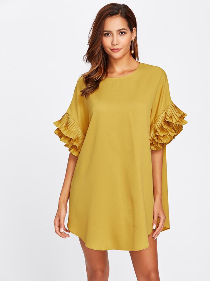 Shein Tiered Pleated Ruffle Cuff Curved Hem Dress