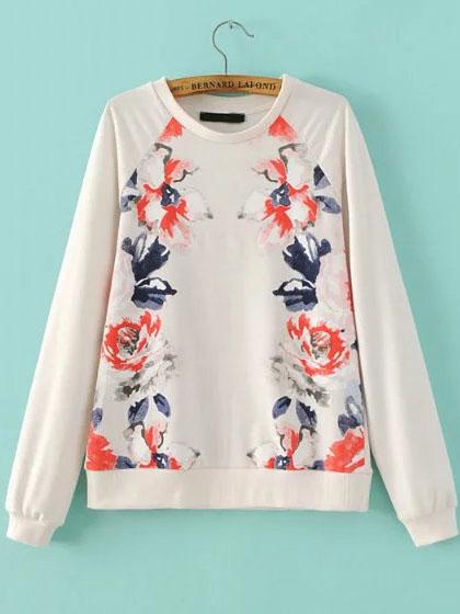 Shein Beige Flower Print Raglan Sleeve Sweatshirt