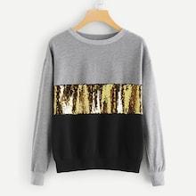 Shein Plus Contrast Sequin Color Block Pullover