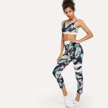 Shein Tropical Print Crop Top & Pants Set