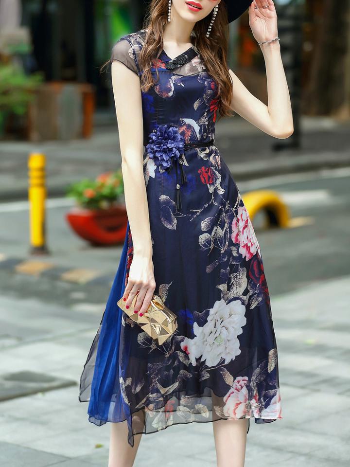 Shein Navy Cap Sleeve Flowers Print Dress