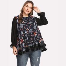 Shein Plus Contrast Sleeve Botanical Chiffon Blouse