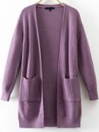 Shein Purple Ribbed Detail Side Slit Cardigan With Pocket