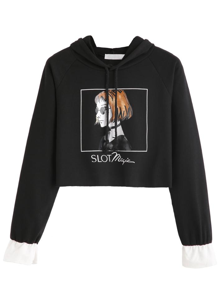 Shein Girl Print Contrast Cuff Crop Hooded Sweatshirt