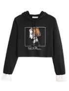 Shein Girl Print Contrast Cuff Crop Hooded Sweatshirt