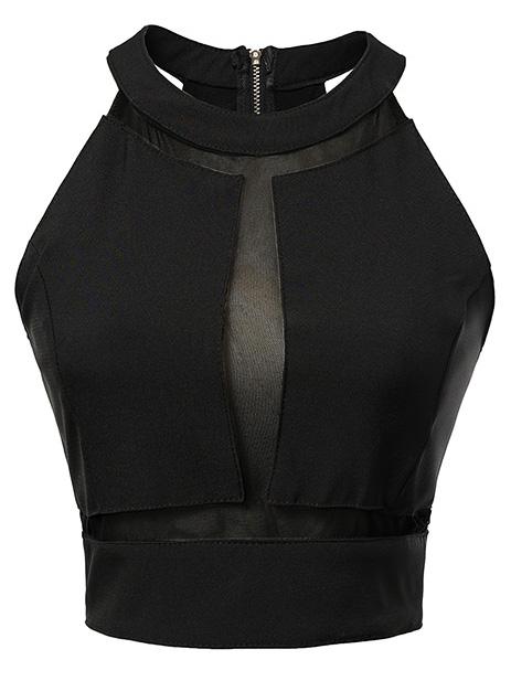 Shein Black Gauze Splicing Zipper Back See-through Tank Top