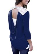 Shein Navy Round Neck Lace Backless T-shirt