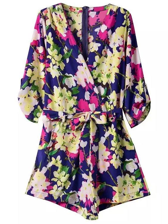 Shein Multicolor Tie-waist Bow Flower Printed Romper