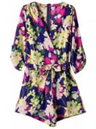 Shein Multicolor Tie-waist Bow Flower Printed Romper
