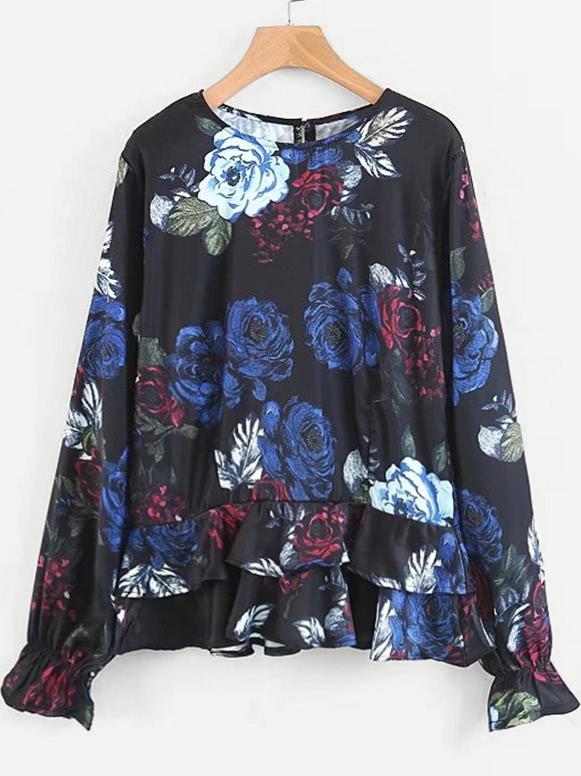 Shein Floral Print Layered Peplum Blouse