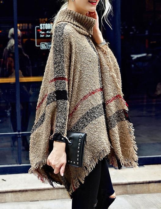 Shein Khaki High Neck Plaid Tassel Cape Sweater