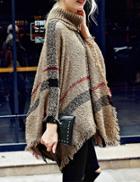 Shein Khaki High Neck Plaid Tassel Cape Sweater