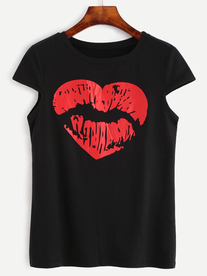 Shein Red Lips Print Cap Sleeve Black T-shirt