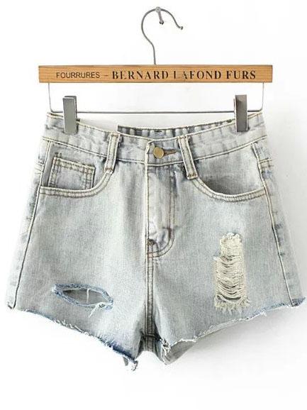 Shein Light Blue Pockets Ripped Denim Shorts