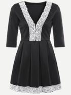 Shein Black Contrast Lace V Neck Pleated Dress