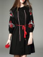 Shein Black Embroidered Tie-waist Dress