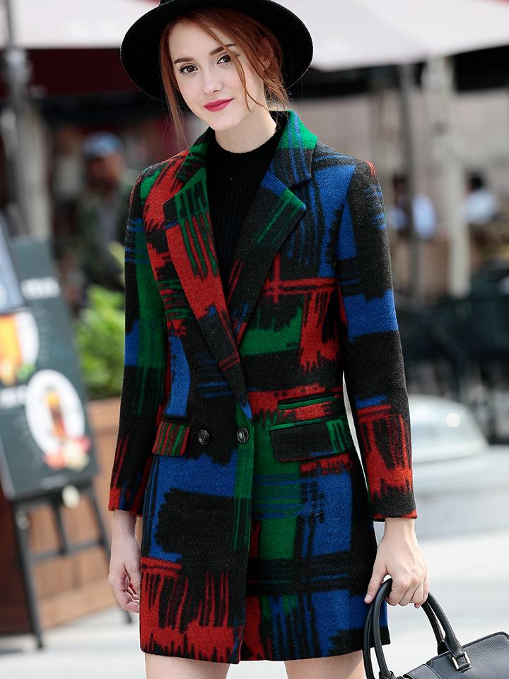 Shein Multicolor V Neck Long Sleeve Pockets Coat