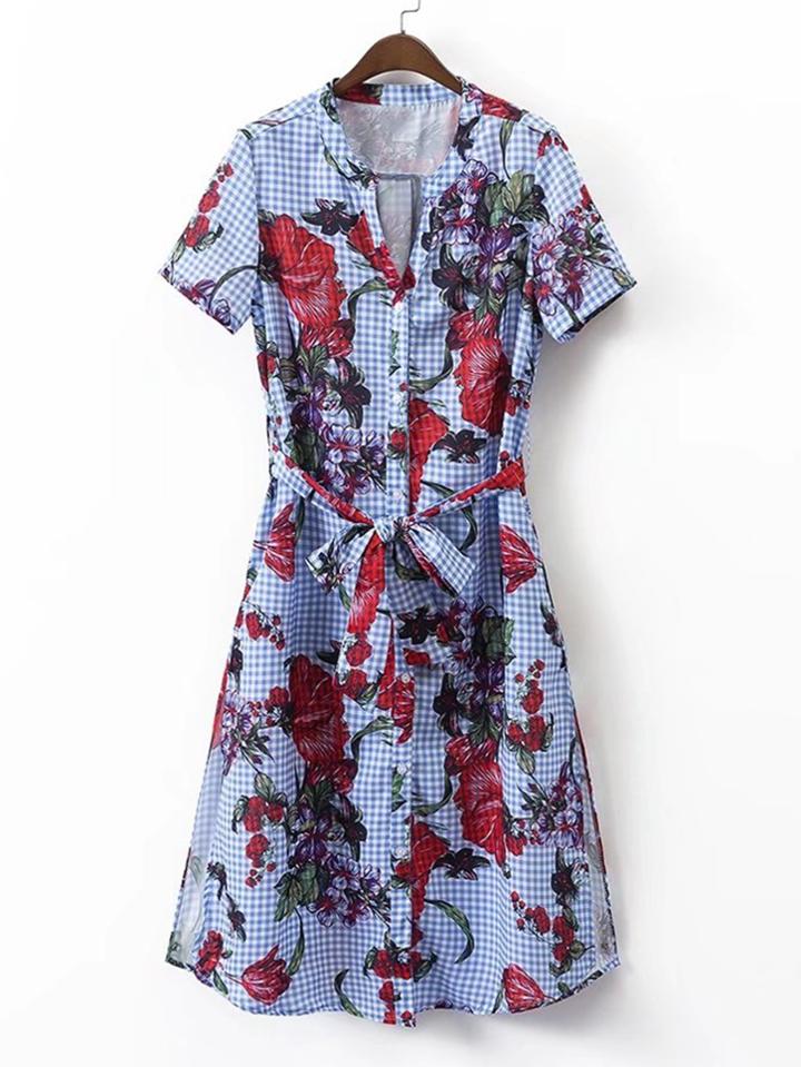 Shein Grid Floral Print Tie Waist Shirt Dress