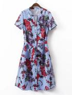 Shein Grid Floral Print Tie Waist Shirt Dress