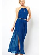 Rosewe Elegant Sleeveless Blue Pleated Design Slit Dress For Prom