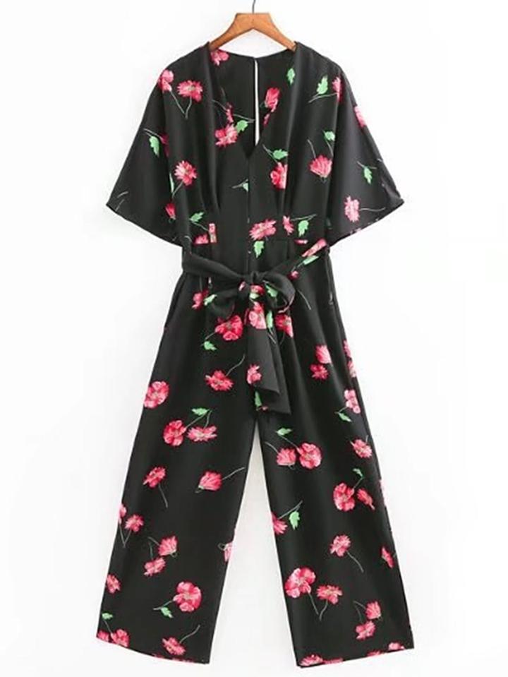 Shein Floral Print Tie Waist Jumpsuit