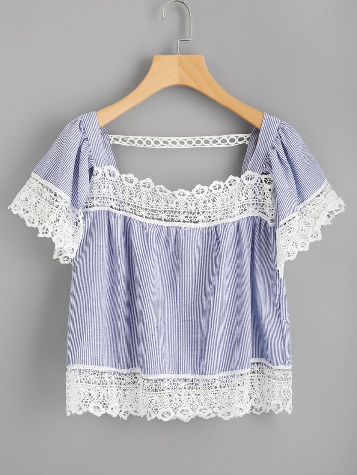 Shein Contrast Hollow Out Crochet Trim Vertical Striped Top