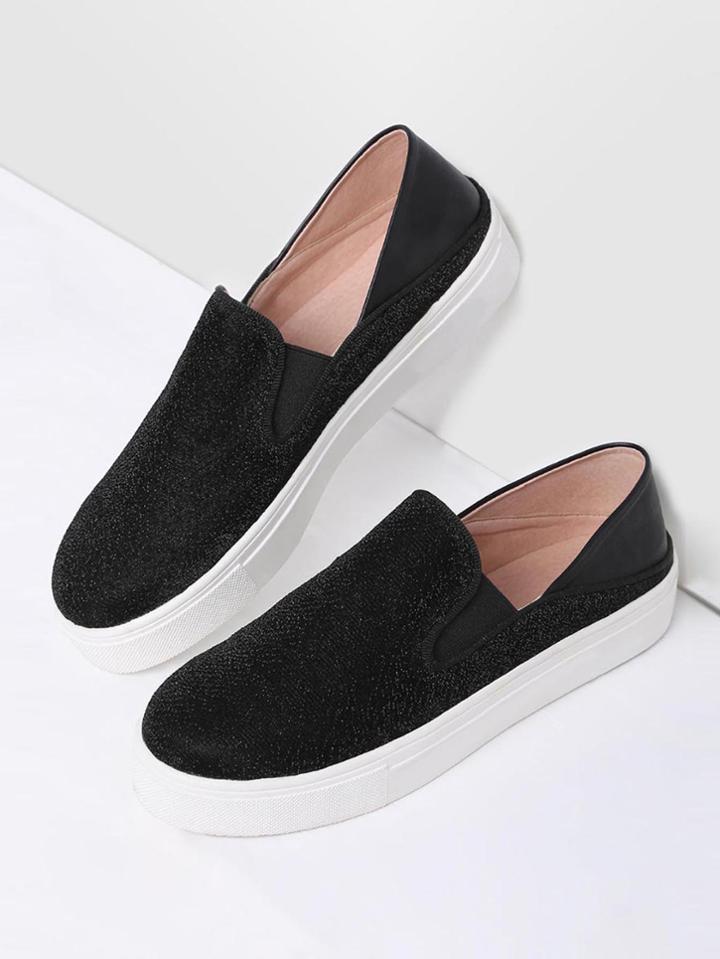 Shein Black Round Toe Glitter Flatform Sneakers
