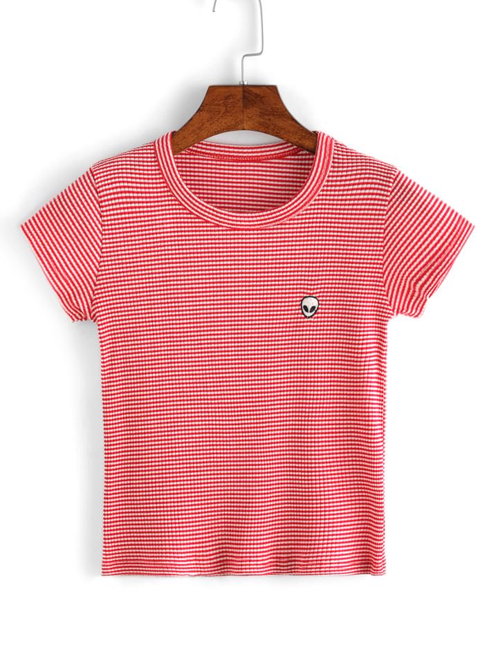 Shein Embroidered Alien Striped T-shirt