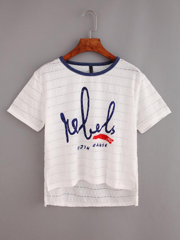 Shein Letter Print Eyelet High-low T-shirt - White
