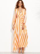 Shein Block Stripe Plunge Obi Tie Wrap Dress