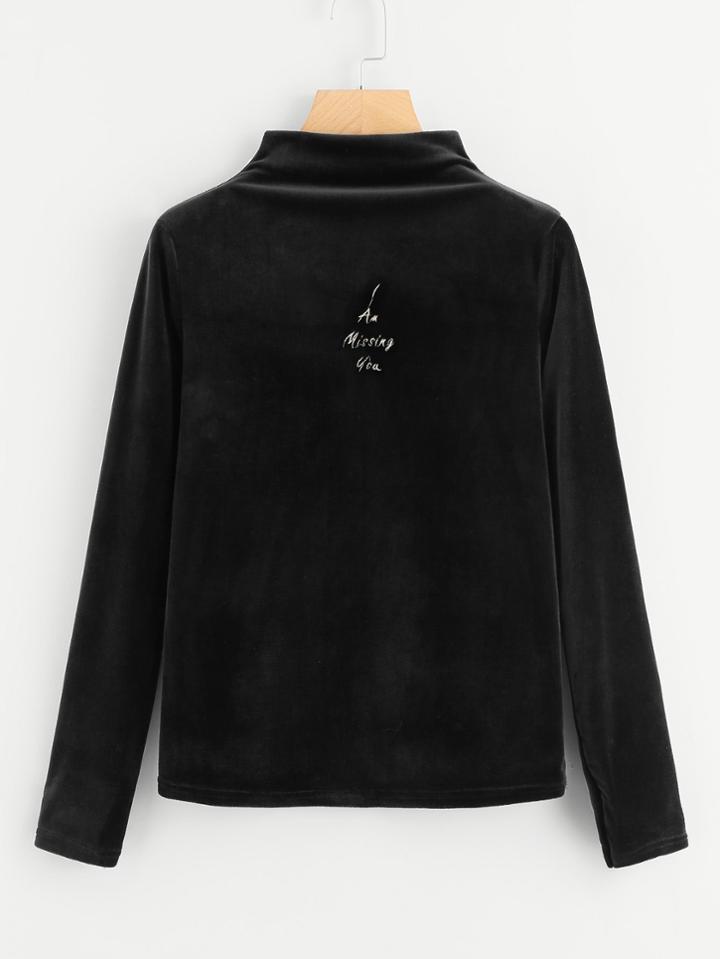 Shein Letter Embroidered Mock Neck Velvet Tee