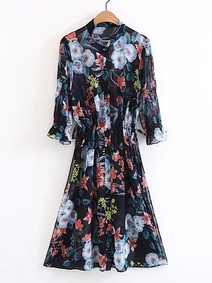 Shein Ruffle Cuff Floral Print Lace Up Detail Dress