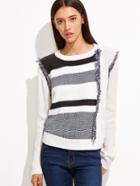 Shein White Color Block Fringe Detail Sweater