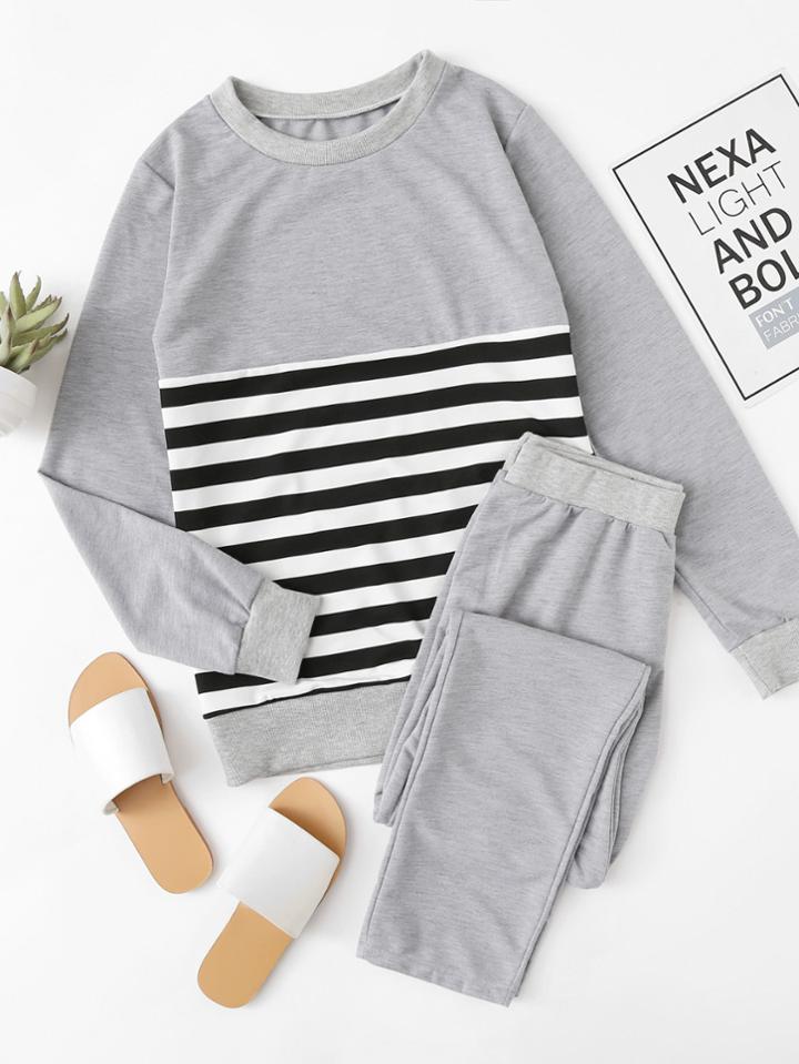 Shein Contrast Stripe Top And Pants Pajama Set