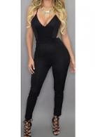 Rosewe Spaghetti Strap Zip Closure Black Jumpsuit
