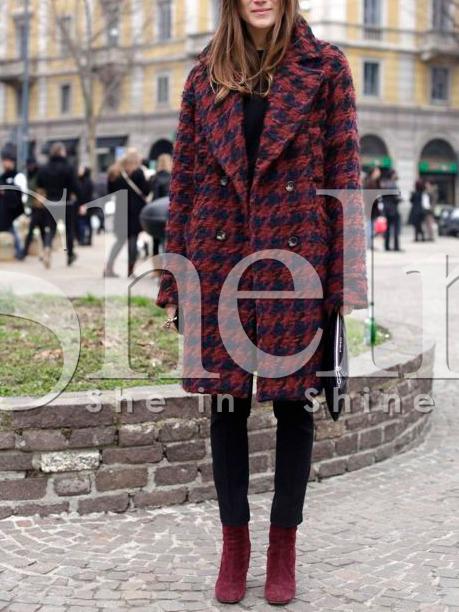 Shein Red Long Sleeve Notch Lapel Houndstooth Coat