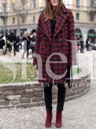 Shein Red Long Sleeve Notch Lapel Houndstooth Coat