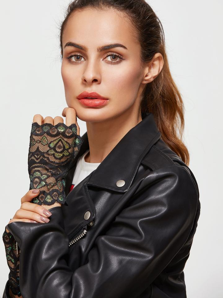 Shein Black Half-finger Floral Lace Gloves