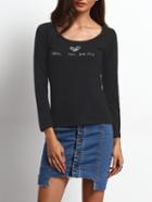 Shein Black Round Neck Long Sleeve Letters Print T-shirt