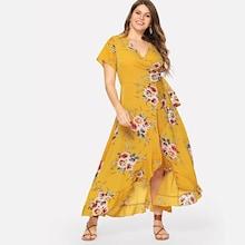 Shein Plus Surplice Neck Floral Overlap Ruffle Hem Dress