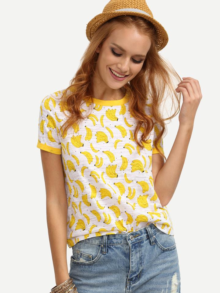Shein Yellow Bananas Print Short Sleeve T-shirt