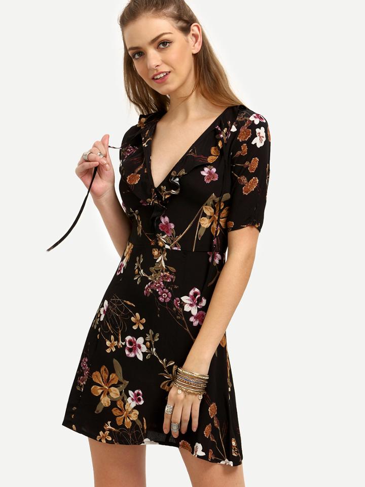 Shein Multicolor Floral V Neck Short Sleeve Dress