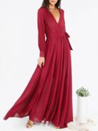 Shein Burgundy Surplice Front Self Tie Cuff Sleeve Dress