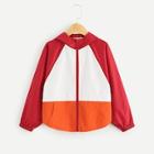 Shein Girls Color-block Zip Up Hooded Jacket