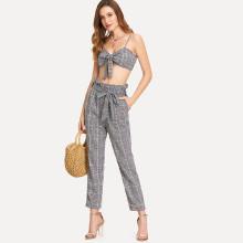Shein Knot Front Bralette Top & Plaid Pants Set