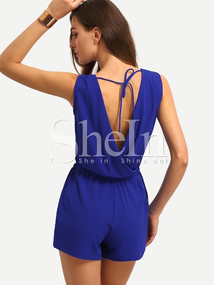 Shein Blue Sleeveless Tie V Back Jumpsuit