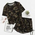Shein Camouflage Knot Front Top With Shorts